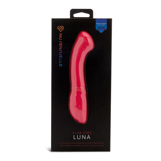 The product is a sleek, hot pink vibrator named Luna, packaged in a black box. The vibrator has a smooth, soft surface and an angled head.