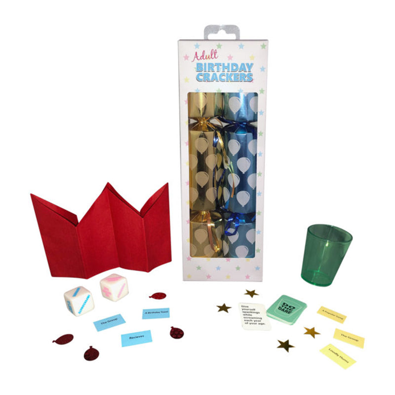 The image shows a set of adult birthday crackers which include a variety of party accessories such as a birthday crown, shot glass, and confetti.