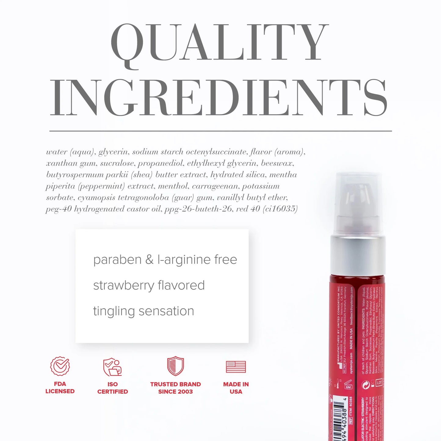 Product packaging with strawberry flavor description and quality ingredients list on a white background