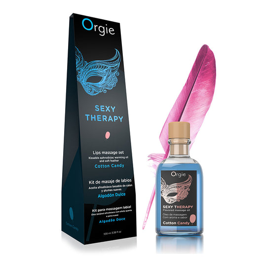Orgie Sexy Therapy product packaging with a blue bottle and pink feather on a white background