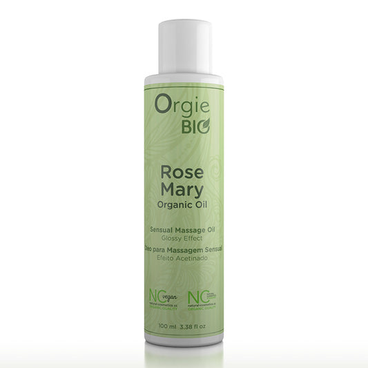 A bottle of Orgie Bio Rosemary Organic Massage Oil with a green label and white cap, indicating it is an organic product.