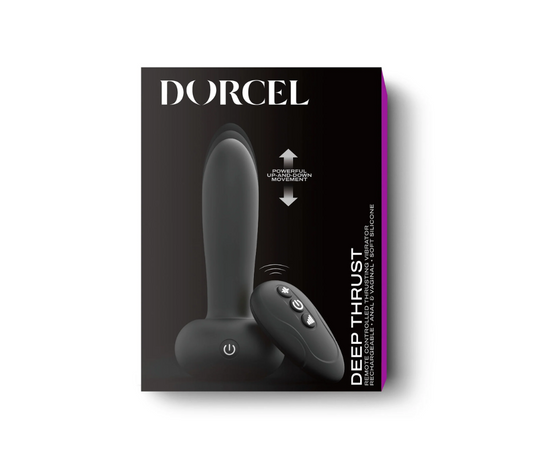 Dorcel Deep Thrust Vibrator with remote, angled to show curved tip and base