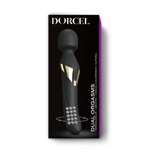 Dorcel Dual Orgasms Gold Wand Massager angled to show dual ends