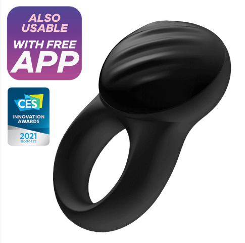 Satisfyer Signet Ring black vibrating cock ring with app control and ribbed clitoral stimulator for couples