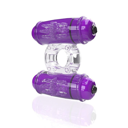 Screaming O 4B Double Wammy vibrating cock ring – clear stretchy ring with dual motors, waterproof and beginner-friendly couples toy.