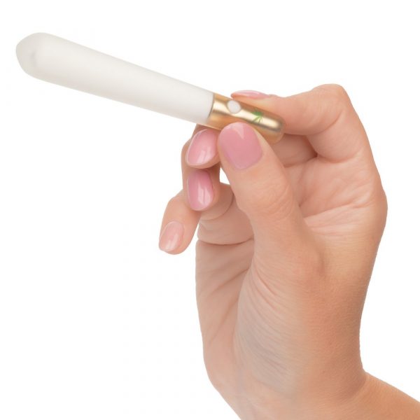 Palm-sized waterproof vibrator with cannabis-inspired design