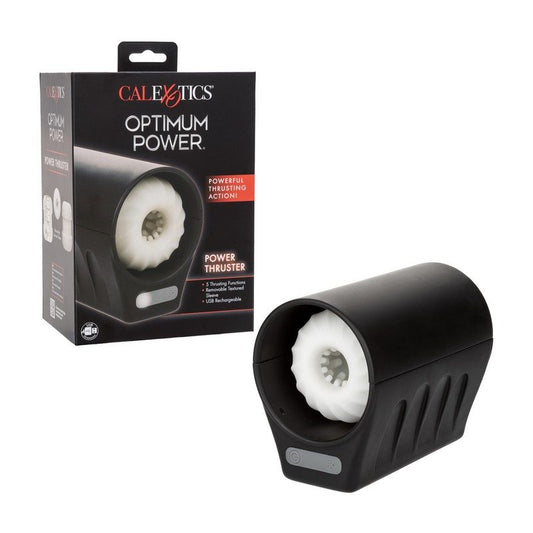 Black power thruster with white component next to its packaging on a white background