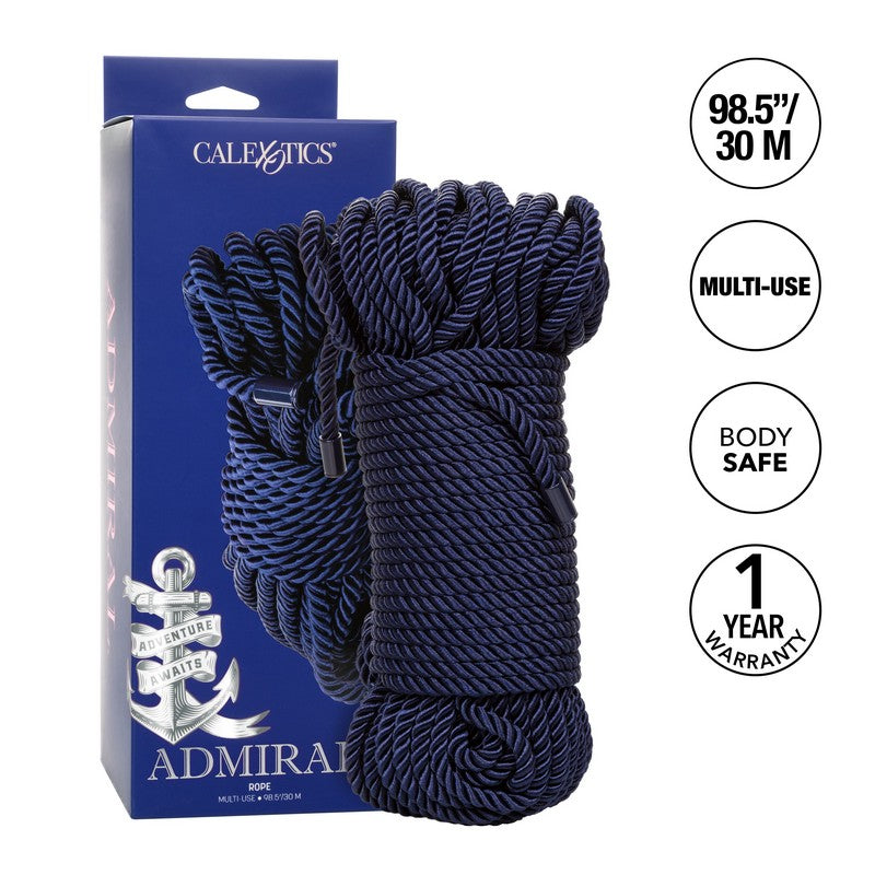 Navy blue rope with packaging and product details on a white background