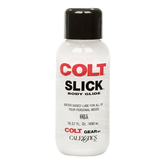 Bottle of Colt Slick Body Glue, 490 ml, with label indicating it is a water based lubricant for personal use.