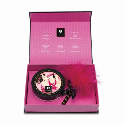 Shunga raspberry powder with feather for sensual play
