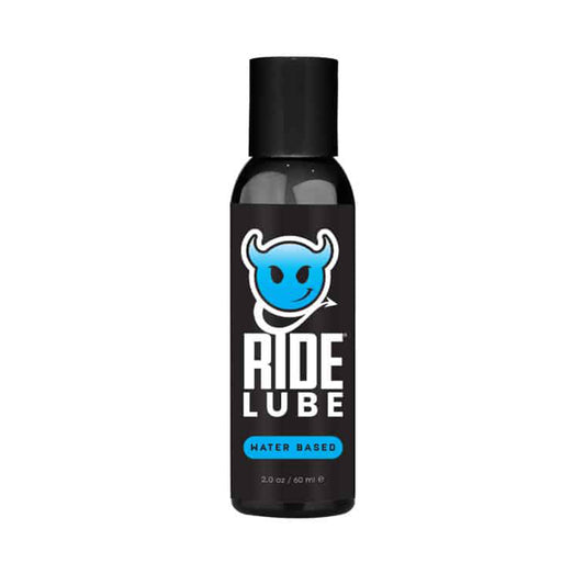 Ride Lube bottle with black label and blue logo on a white background