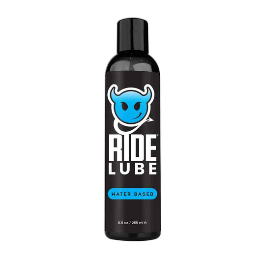 Black bottle of Ride Lube with a blue logo on a white background
