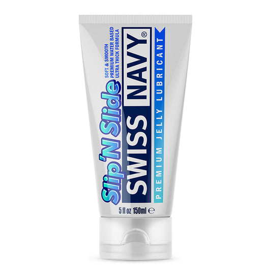 Tube of Swiss Navy Slip 'N Slide lubricant on a white background