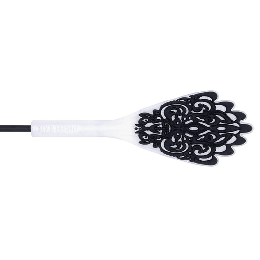 Sportsheets silicone lace crop with raised lace-pattern tip and wrist loop