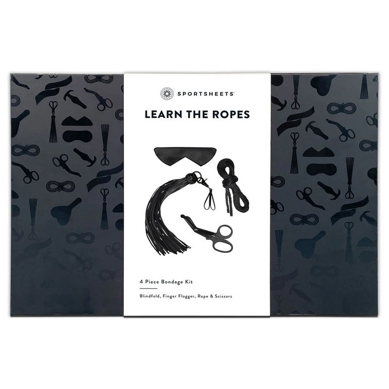 Sportsheets 'Learn the Ropes' bondage kit packaging with illustrations on a dark background.