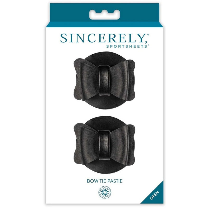 The image shows two black bow tie pasties packaged on a card with the Sportsheets brand logo at the top. The pasties are designed in a bow tie shape and are described as 'Bow Tie Pasties'.