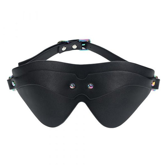 A black, adjustable blindfold made from high-quality PU leather, featuring iridescent hardware.