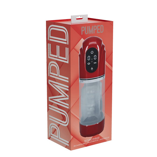 Red 'PUMPED' device packaging on a white background
