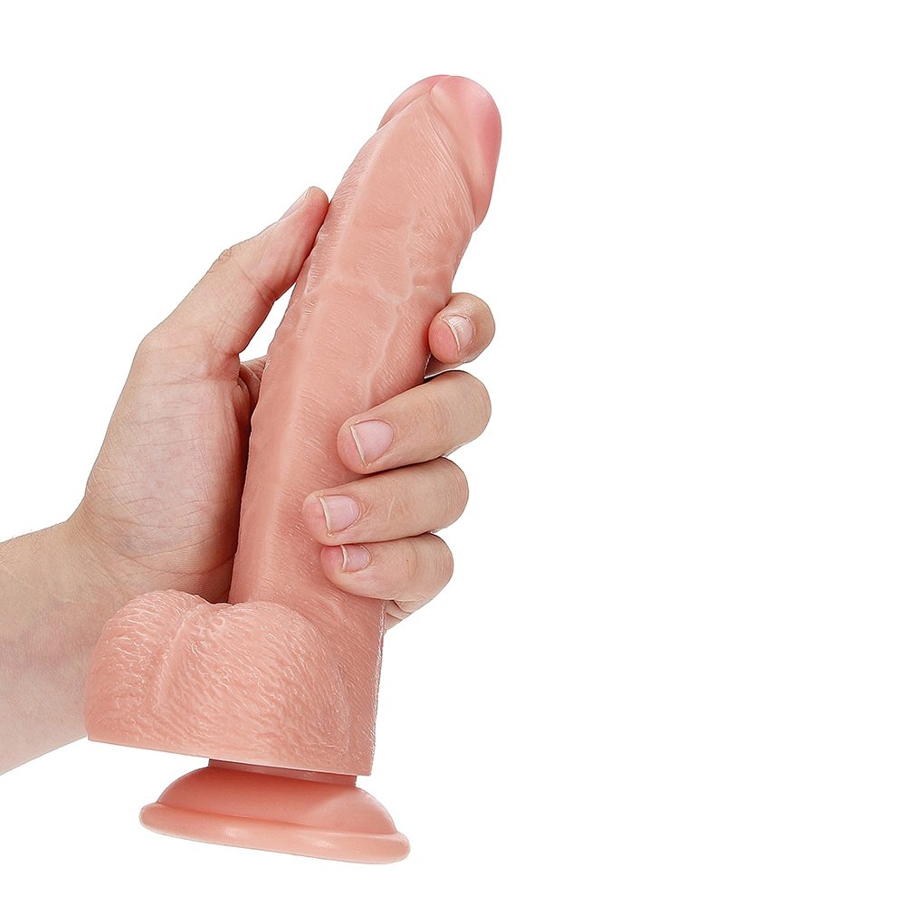 Shots RealRock 8-inch Curved Cock with Balls featuring realistic veins, suction base, and soft lifelike texture