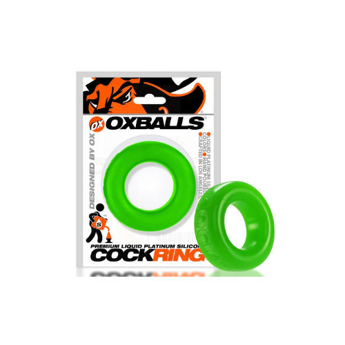 Green cock ring with OxBalls packaging on a white background