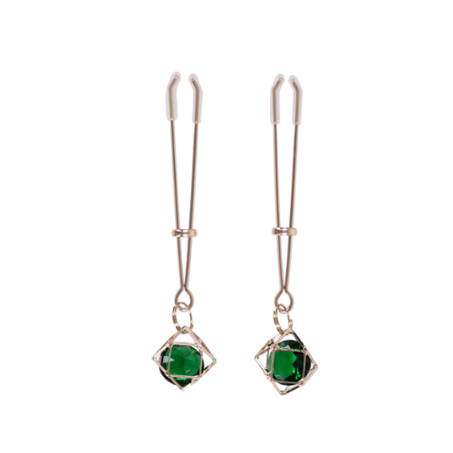 Sportsheets Indica Crystal Nipple Clips with green crystal and gold-tone hardware