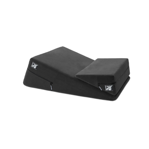 Black wedge pillow with a logo on a white background