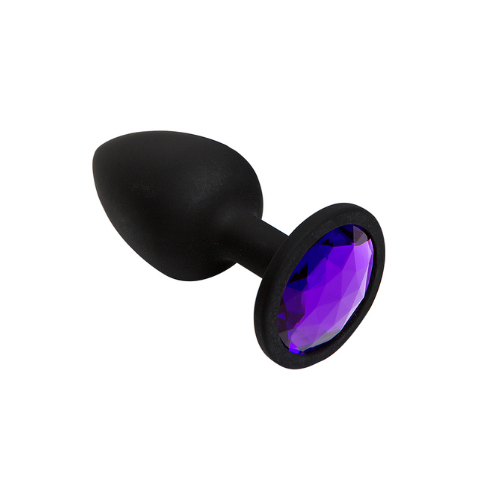 Black silicone butt plug with purple jewel base