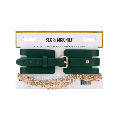 Sportsheets Indica Cutout Collar and Leash – emerald green adjustable collar with gold hardware