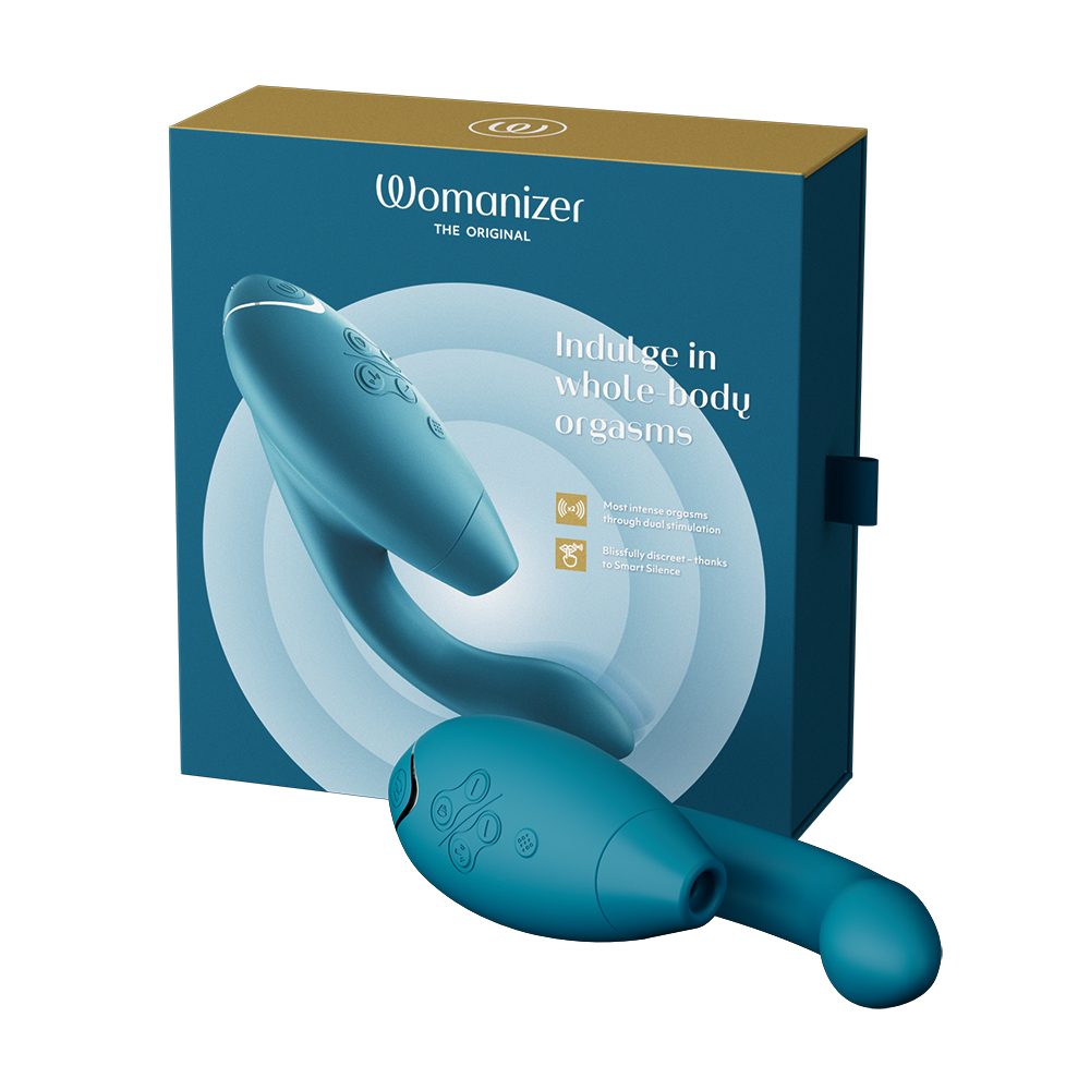 Womanizer DUO 2 dual-stim rabbit vibrator in deep rose—curved G-spot arm and Pleasure Air clitoral stimulator with two interchangeable heads.