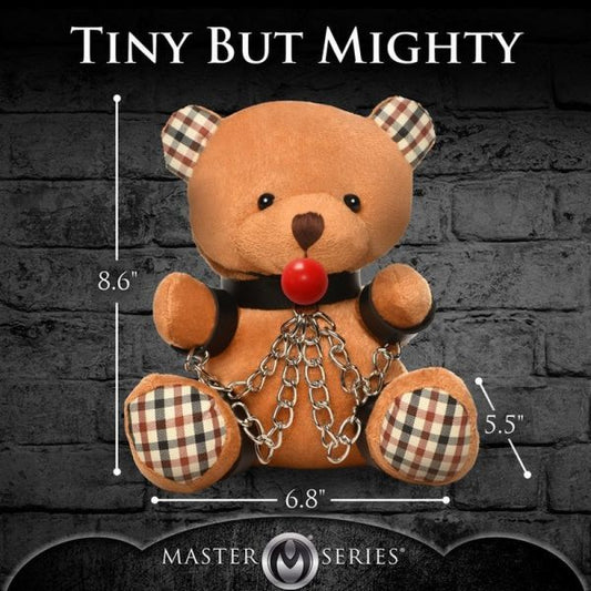 Bondage teddy bear plush with gag, collar, wrist and ankle cuffs, and chains
