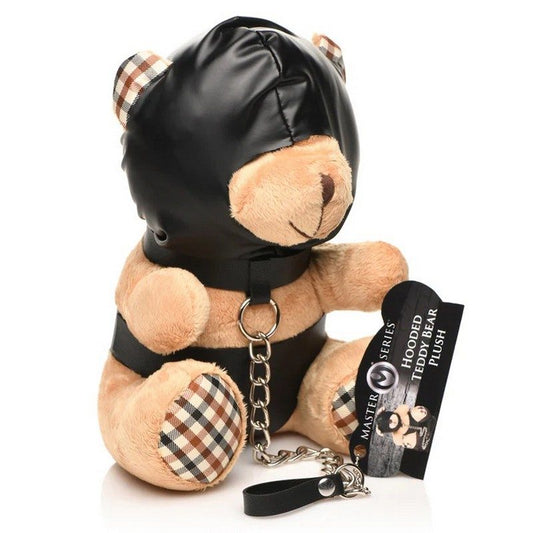 Hooded bondage teddy bear plush wearing PU leather hood, panties, collar with metal chain leash – adult novelty plush for Littlespace, BDSM gifts, or aftercare