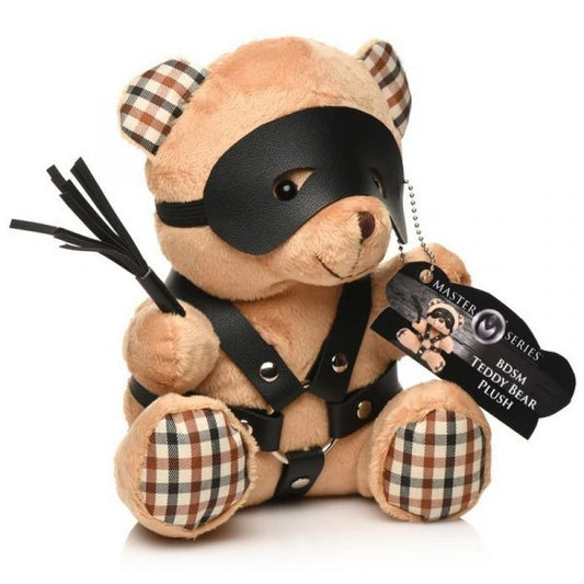 BDSM teddy bear plush in faux leather harness with blindfold and flogger