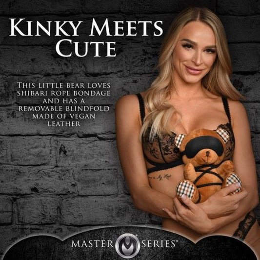 Woman holding a teddy bear with text about Shibari rope bondage and Master Series branding.