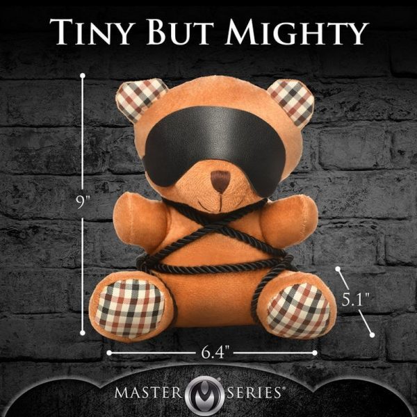 Teddy bear with plaid accents and blindfold, tied up, on a dark brick wall background with measurements and 'Master Series' branding.