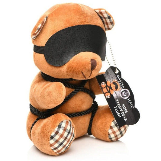 Rope-bound BDSM teddy bear plush with soft rope, blindfold, and plush fur – adult novelty item for shibari lovers or aftercare comfort