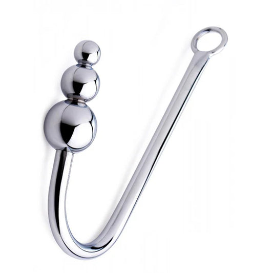 Master Series Beaded Metal Anal Hook – Triple-bead stainless steel anal hook with bondage ring and smooth finish