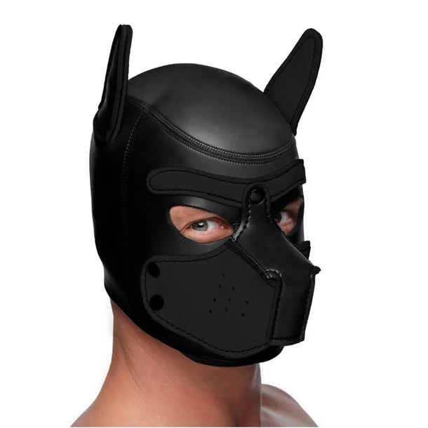 Spike Neoprene Puppy Hood with adjustable muzzle and bendable ears, designed for puppy play and BDSM roleplay
