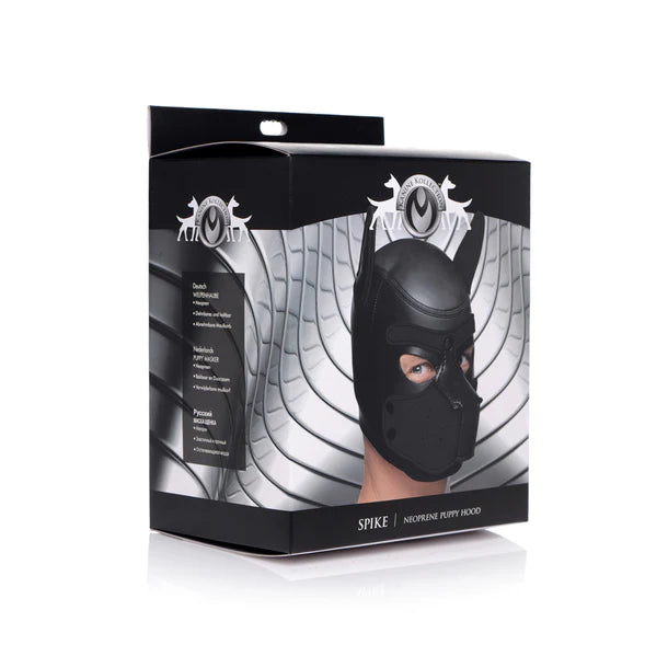 Spike Neoprene Puppy Hood with adjustable muzzle and bendable ears, designed for puppy play and BDSM roleplay