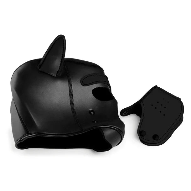 Spike Neoprene Puppy Hood with adjustable muzzle and bendable ears, designed for puppy play and BDSM roleplay