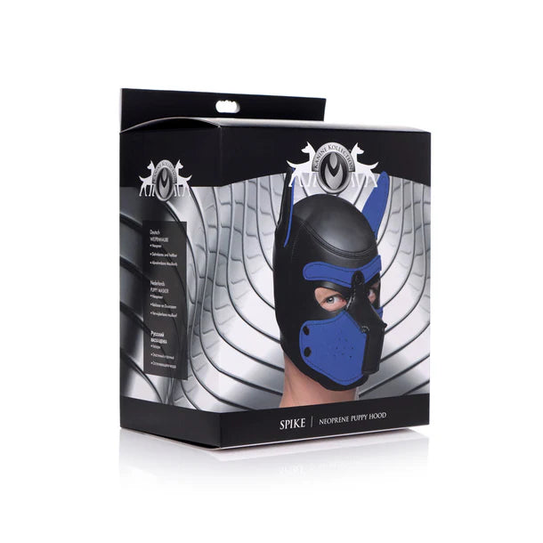 Spike Neoprene Puppy Hood with adjustable muzzle and bendable ears, designed for puppy play and BDSM roleplay