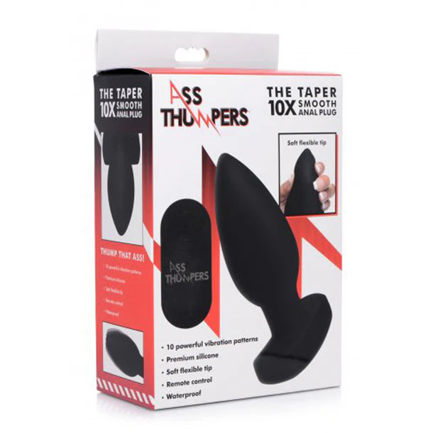 Ass Thumpers The Taper 10X Smooth Vibrating Plug – Black silicone anal plug with remote control, tapered design, and 10 vibration modes.