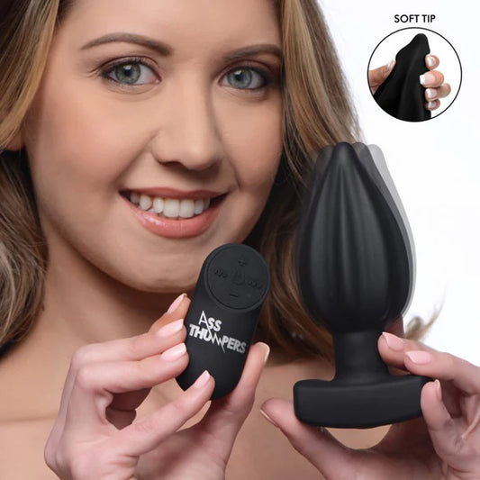 “Ass Thumpers The Assterisk 10X Ribbed Vibrating Plug – Black silicone textured anal plug with remote control and ridged body, 4.2 inch insertable”