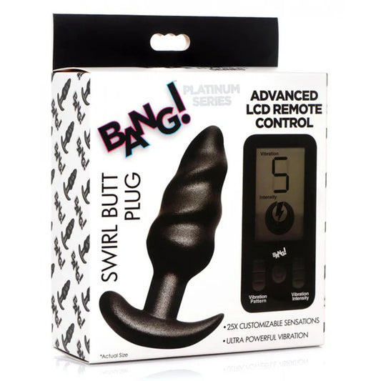 Metallic black swirl vibrating butt plug with remote control, curved base design, displayed in packaging – 25X Platinum Series