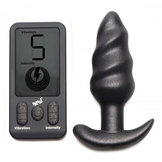 Metallic black swirl vibrating butt plug with remote control, curved base design, displayed in packaging – 25X Platinum Series
