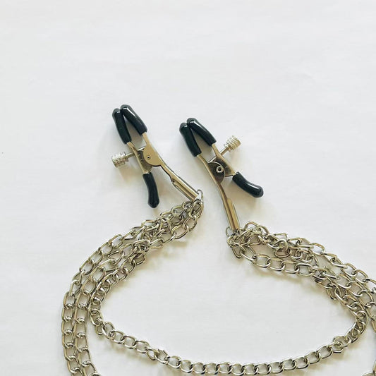 Triple-Chain Nipple Clamps with Adjustable Rubber Tips – Silver BDSM Jewelry Accessory