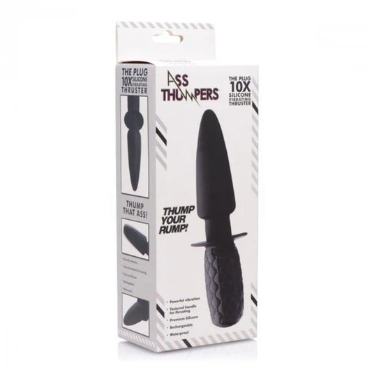 Ass Thumpers The Plug 10X Silicone Vibrating Thruster – Large black anal plug with curved handle and bold bulb shape for deep stimulation.