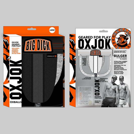 Oxballs Oxjok Bulger Jockstrap in Black Iron – deep pouch, padded edge, and BIG DICK front label with butt-lifting strap design