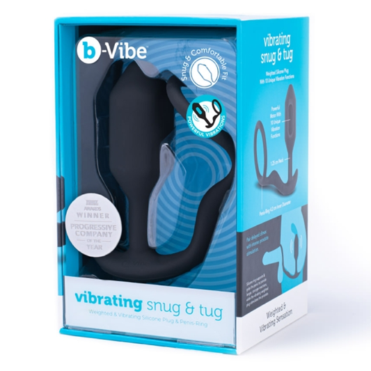 b-Vibe Vibrating Snug & Tug M – full view with plug and ring