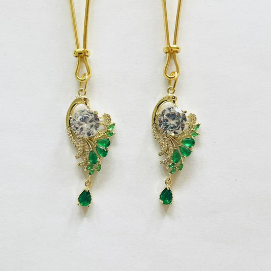 Peacock design gold nipple clamps with green gemstone feathers and emerald teardrop – PurpleNight.ca