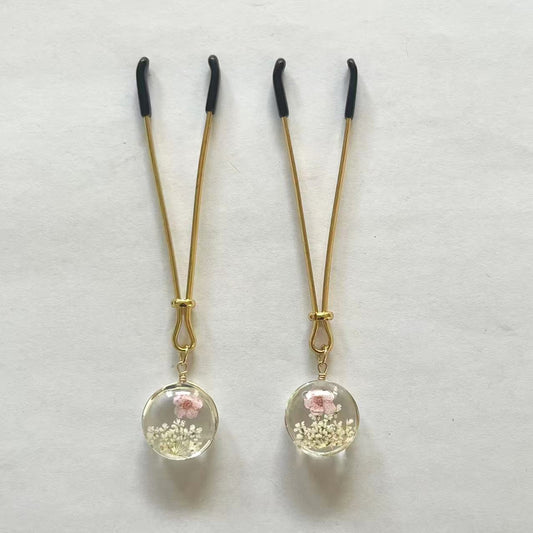 Pressed Flower Globe Nipple Clamps – Botanical Elegance in Glass - Pink